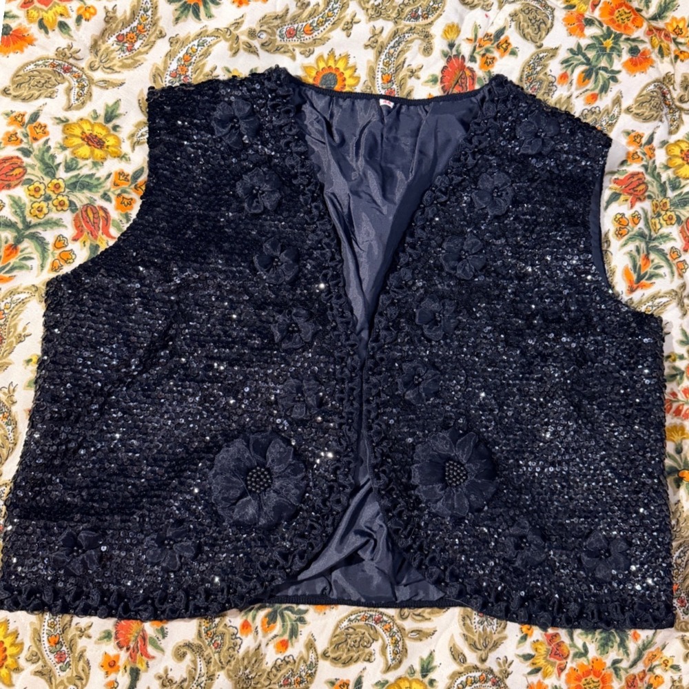 Vintage Black Sequin Vest 3D Floral Beaded Applique Open Front Evening Size 44
